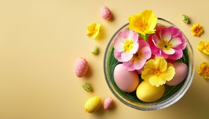 Bunch of yellow and pink primrose flowersin a glass with decorated Easter eggs against pastel yellow background. Easter concept.  Generated image