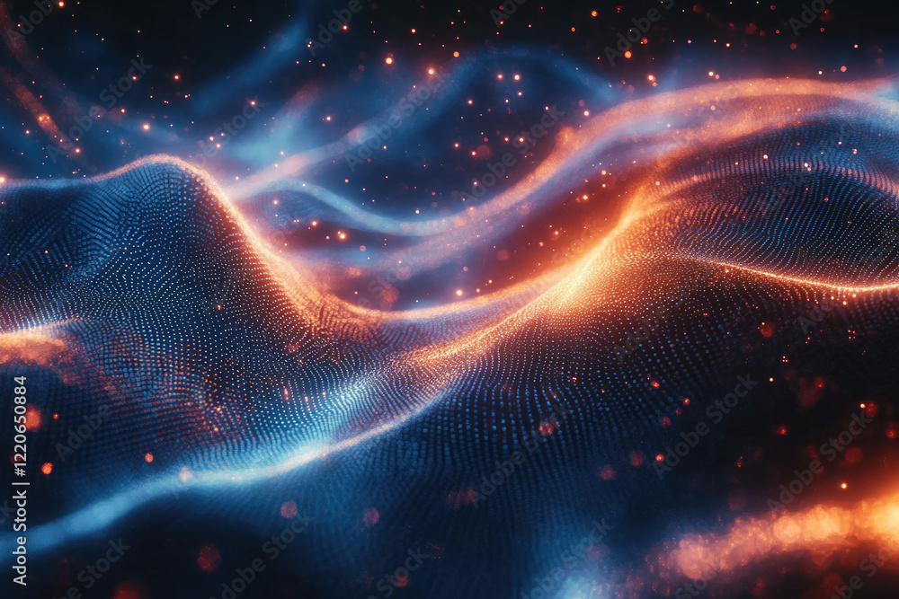 Fototapete abstract digital art depicting flowing, luminous particles in vibrant orange and blue hues, creating