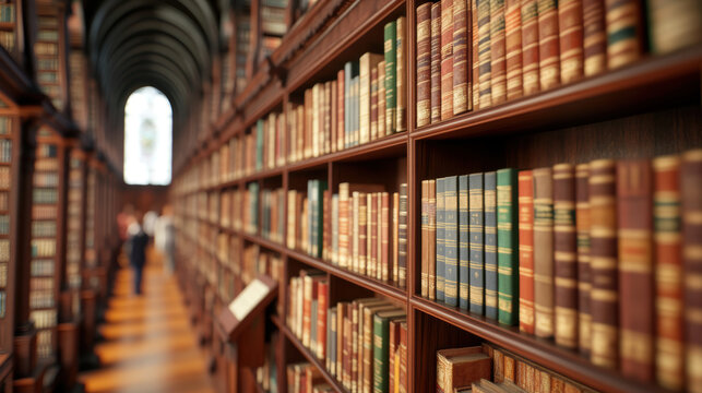 historic library with ornate bookshelves and tranquil atmosphere, featuring rows of books and long arched ceiling, creating serene and scholarly ambiance