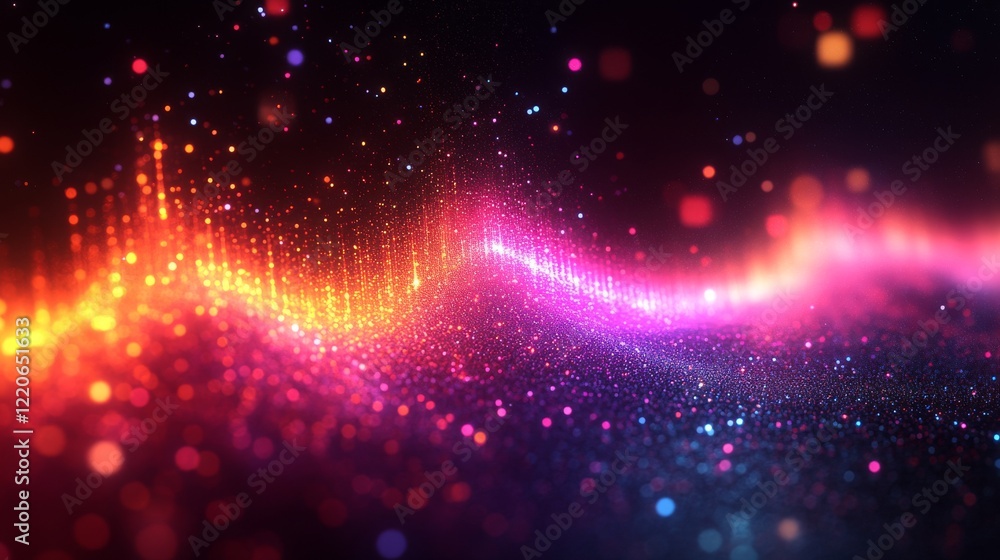 Poster abstract glowing particles flowing in a vibrant cosmic wave, creating an enchanting and dynamic digi