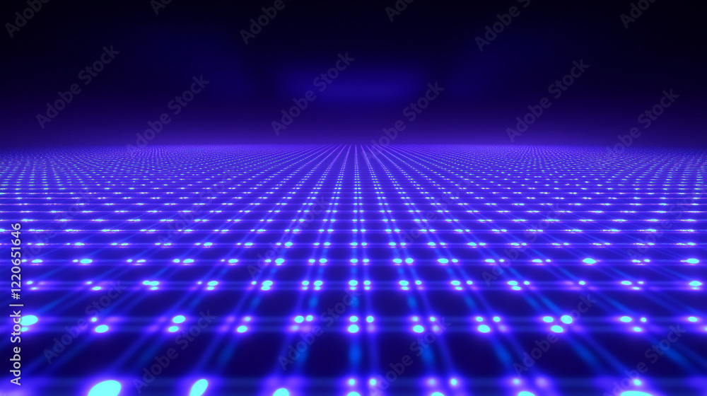 Poster futuristic glowing blue grid with digital dots and perspective depth. business background