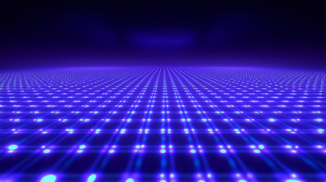 Futuristic glowing blue grid with digital dots and perspective depth. Business background