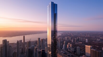 Fototapeta premium A towering glass skyscraper stands amidst a bustling cityscape, bathed in golden hour light, evoking urban elegance and modern grandeur.