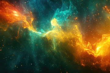 Obraz premium A cosmic nebula with vibrant teal and fiery orange hues, swirling gases and distant stars.