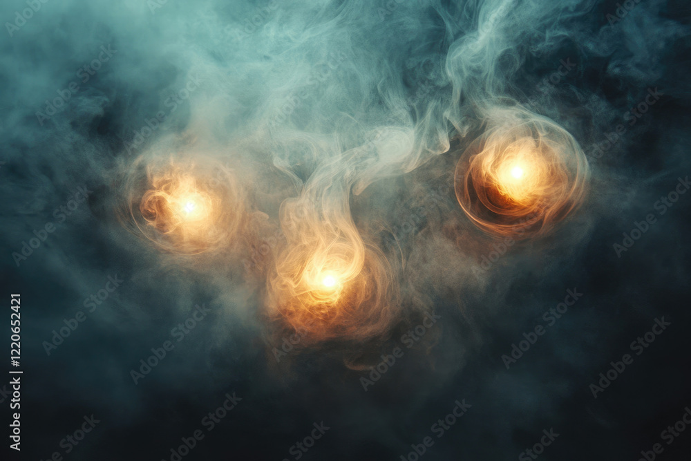 Poster three luminous orbs veiled in swirling smoke, creating a mystical and atmospheric scene.
