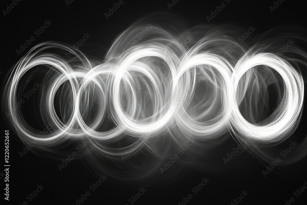 Poster Abstract grayscale image featuring several luminous, intertwined, circular light trails on a transparent background.