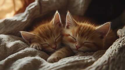 Cute red little kittens sleeping on a blanket fluffy
