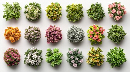 Colorful Assortment of Blooming Flowers and Lush Greenery Plants in Pots Overhead View
