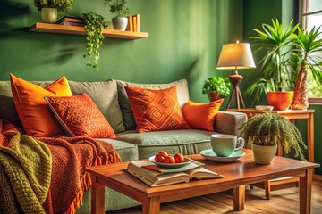 Cozy Green Living Room with Vibrant Orange Accents - Stock Photo