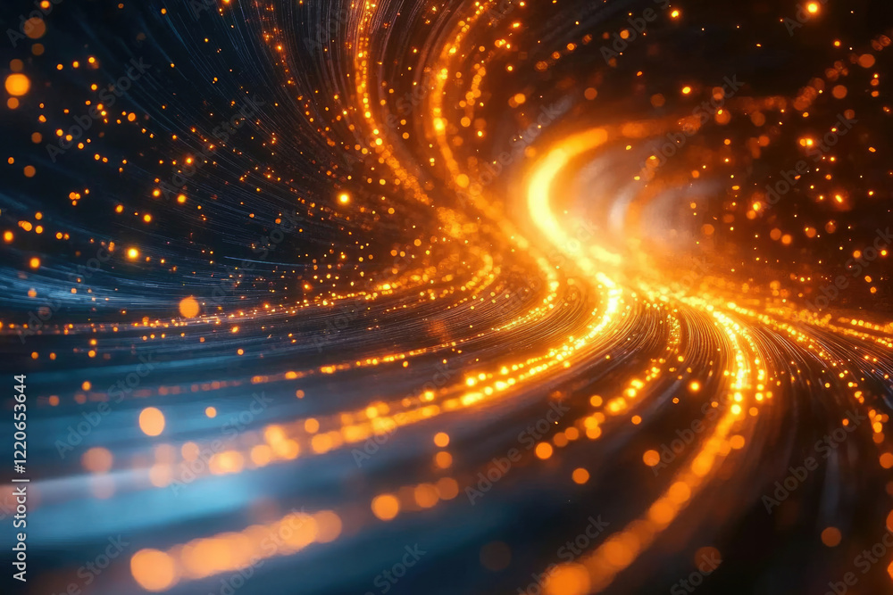 Poster abstract swirling vortex of vibrant orange and blue light trails with glowing particles.