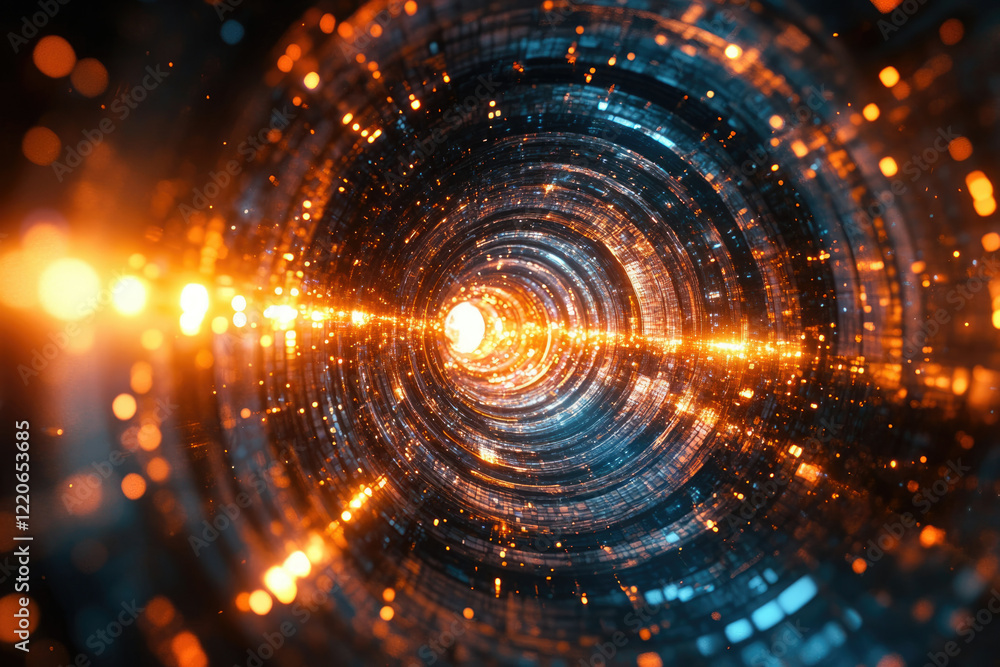Aufkleber a mesmerizing digital tunnel with vibrant orange and blue lights, creating a futuristic and abstract