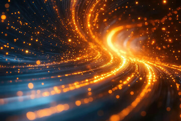 Obraz premium Abstract swirling vortex of vibrant orange and blue light trails with glowing particles.