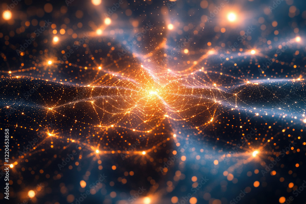Leinwandbilder abstract cosmic landscape with glowing particles and interconnected network, suggesting a digital un