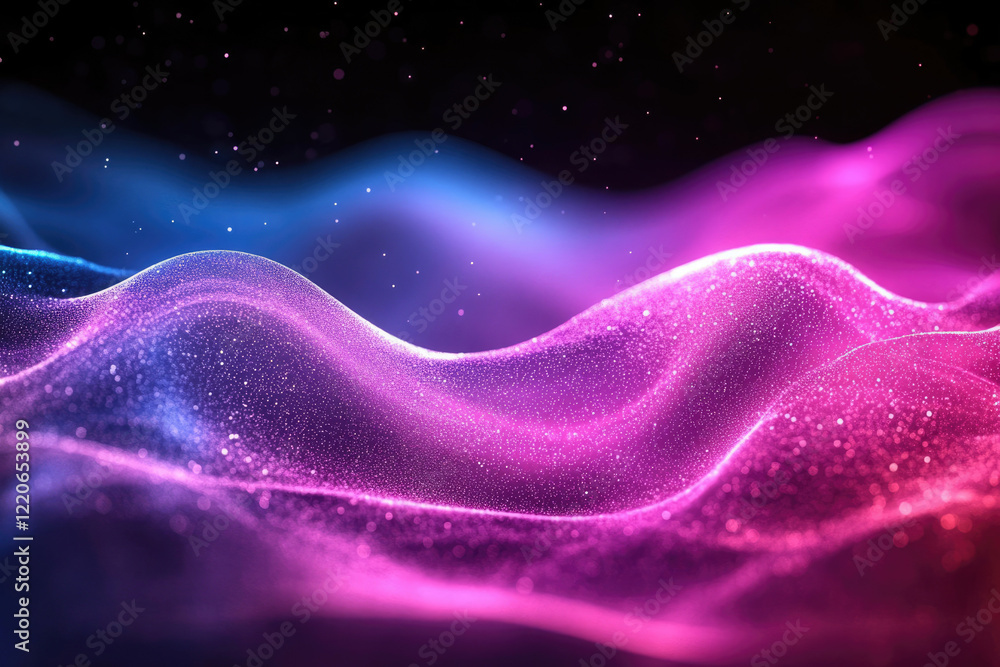 Poster abstract glowing purple and blue particle waves flowing in the dark.