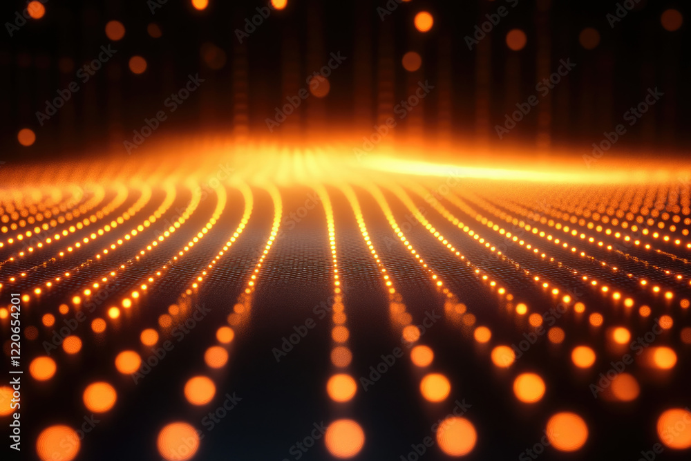 Poster Abstract glowing orange lines converge on a dark background, creating a digital wave effect.