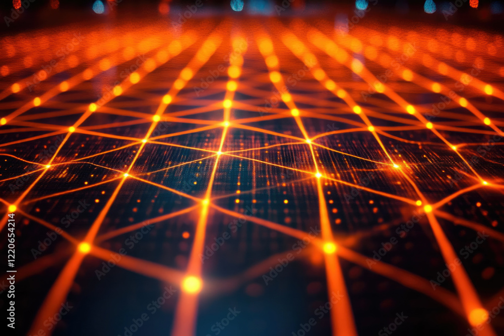Aufkleber Abstract digital network, glowing orange lines connecting nodes, representing data flow and connectivity.