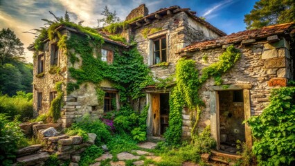 Decaying French maison en ruine: crumbling stone walls, distressed vintage architecture, abandoned and beautiful.