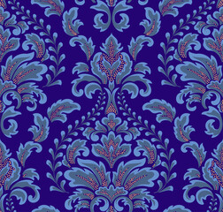 Damask blue seamless pattern element. Vector classical luxury old fashioned damask ornament, royal victorian seamless texture for wallpapers, textile, wrapping. Vintage exquisite floral template.