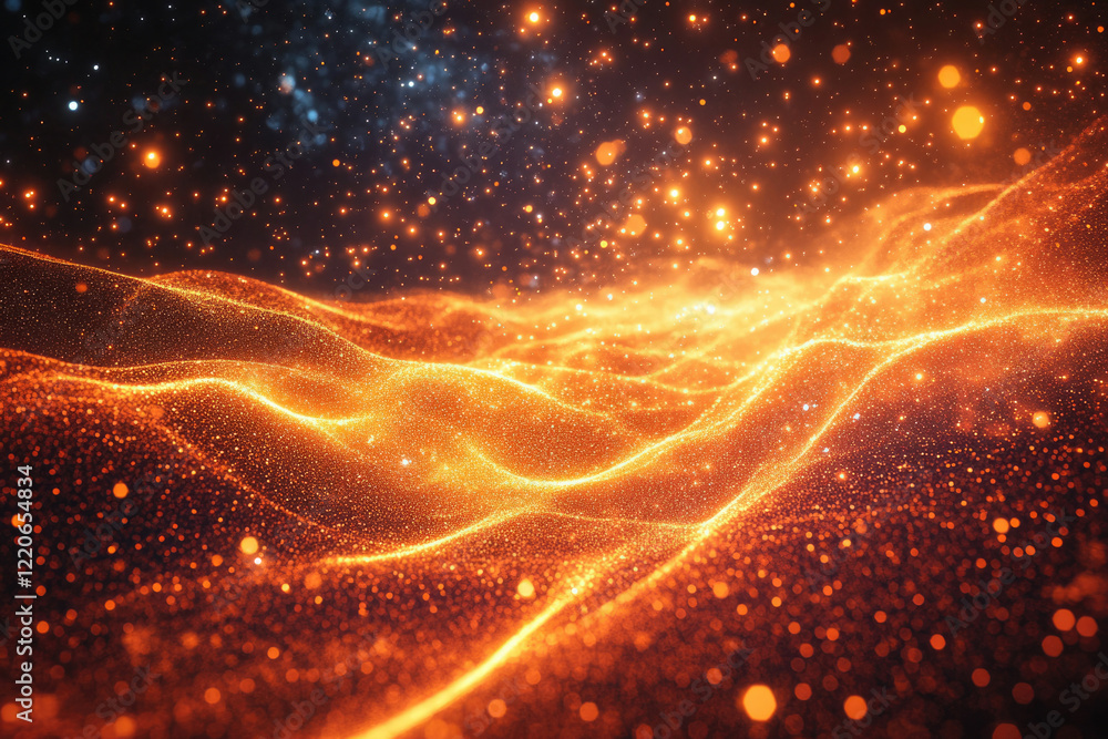 Aufkleber Abstract golden glittering waves with sparkling particles, creating a luxurious and dreamy cosmic landscape.