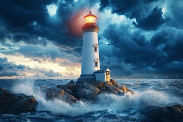 A Timeless Lighthouse Standing Strong Against the Stormy Sea with Dramatic Clouds and Waves, Symbolizing Resilience and Guidance by the Shoreline