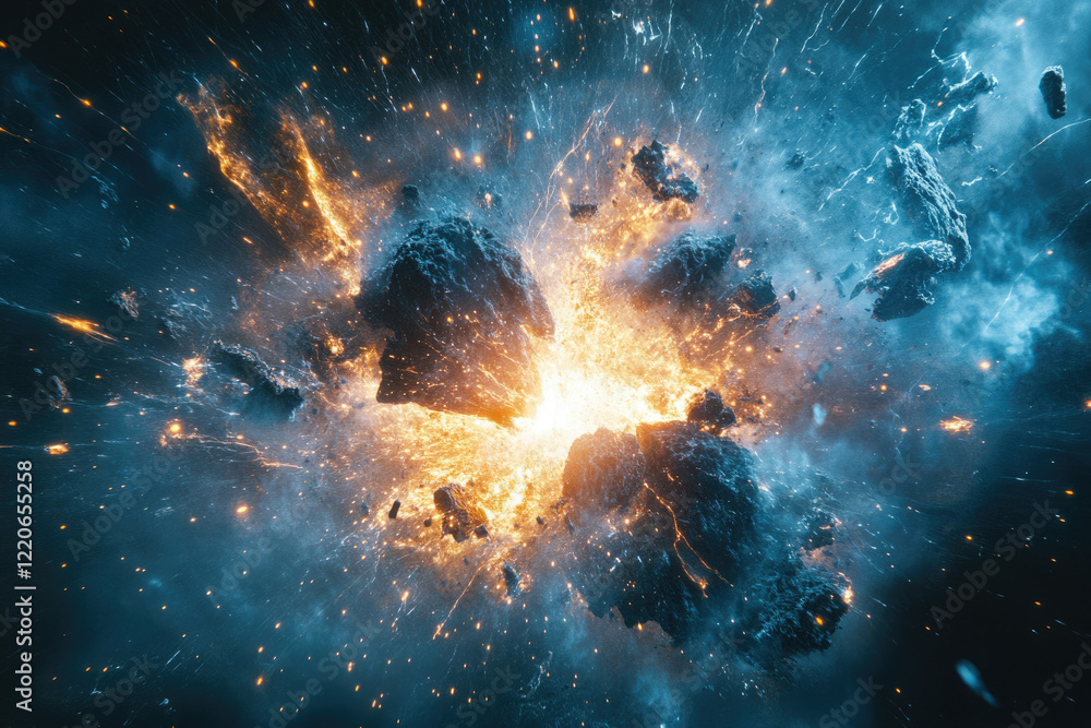Poster A cosmic collision of celestial bodies creates a fiery explosion with debris scattering across space.