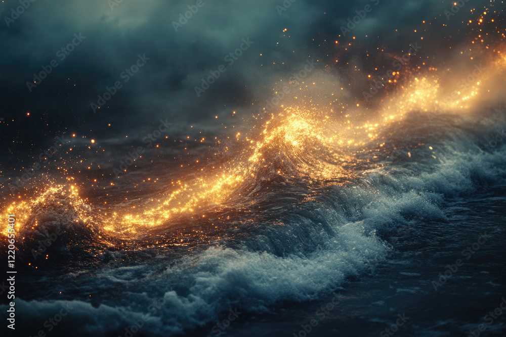 Poster glowing golden sparks illuminate a dark ocean wave, creating a magical, ethereal scene.