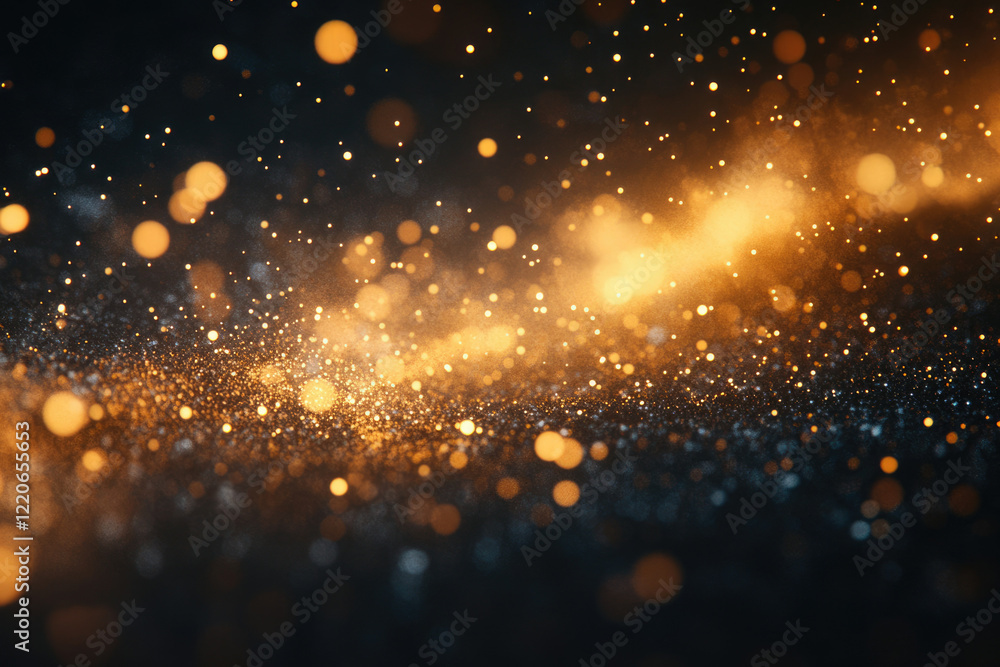 Poster glimmering gold and dark background with bokeh effect, sparkling dust and light.