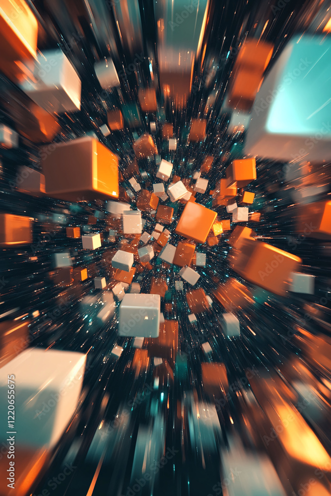 Poster Abstract 3D cubes floating in space with dynamic motion and glowing highlights. Business background