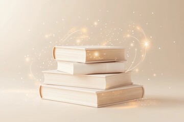 Floating Stack of Books Illuminated by Glowing Lines in a Minimalist and Bright Setting