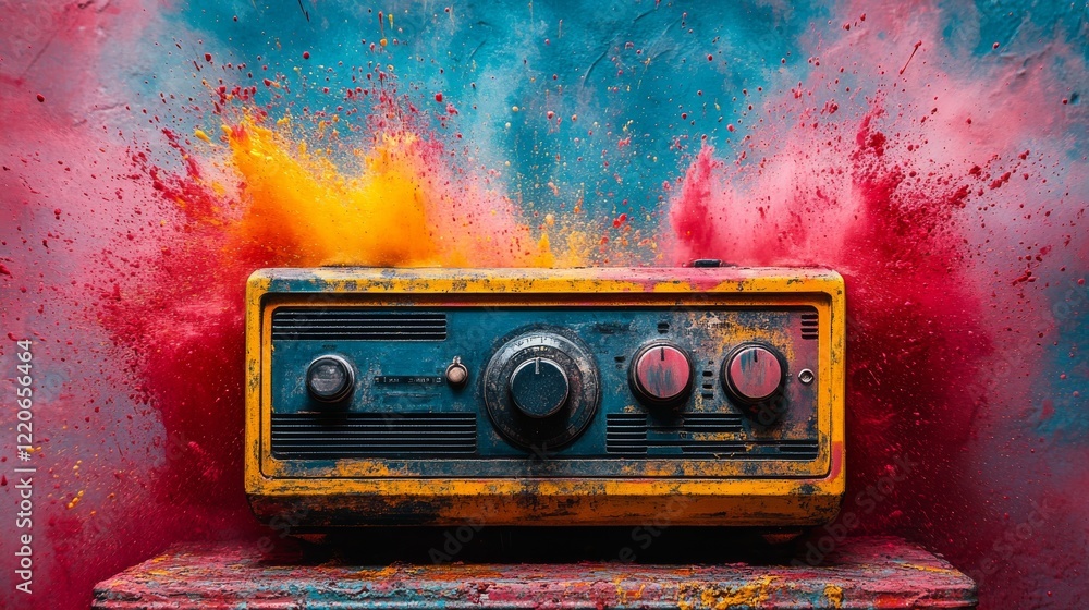 Poster vintage radio bursts with vibrant color as paint explodes around it, creating a dynamic artistic eff
