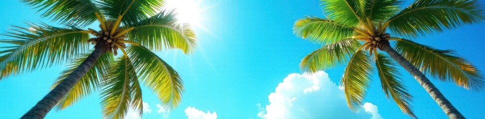 Obraz premium Sun-drenched coconut palms sway gently against a vibrant blue sky , summer, ocean, element