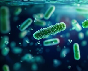 Microscopic view of green bacteria suspended in water, showcasing their vibrant structure and surrounding bubbles.