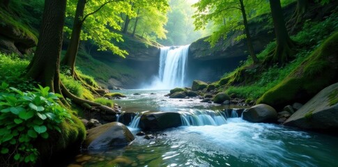 Forest river with lush vegetation and waterfall, forest scenery, nature, forest waterfall