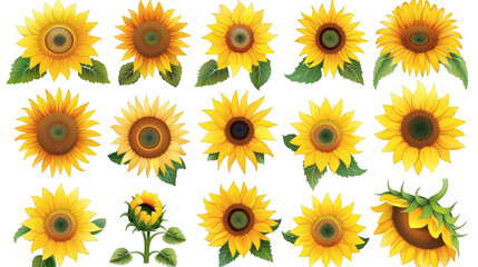 Set of bright sunflowers in full bloom, isolated on white background