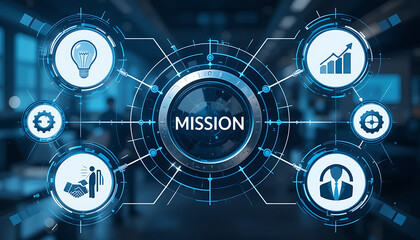 Obraz premium Businessman clicks on virtual screen Mission