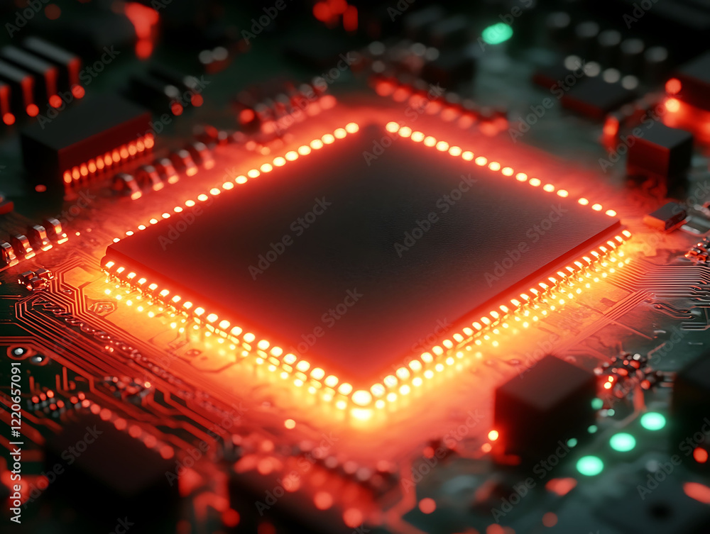 Poster closeup of a glowing microprocessor on a circuit board. red led lights illuminate the central proces
