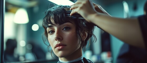 A woman sits in a salon chair, her hair being styled with care, reflecting the art and craft of hairstyling.