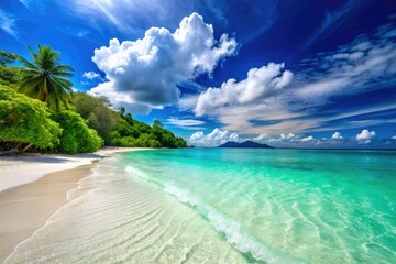 Fototapeta premium Escape to pristine beaches: turquoise waters, white sand, sunny skies.