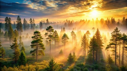 Ethereal misty pine forest: the perfect backdrop for your product photography.