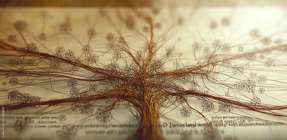 Poster intricate network of interconnected nodes resembling a neural network or tree roots, artistically re