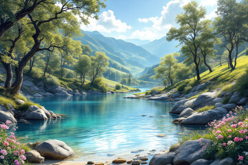 A picturesque landscape with a serene river meandering through a valley. Majestic mountains rise in the distance, their peaks shrouded in a soft haze.