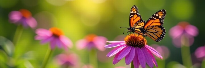 Fototapeta premium Two monarch butterflies on vibrant purple coneflowers, sunlight dappled , insect, natural