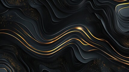 Abstract dark grey and gold wavy lines background.