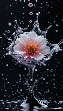 Black art nano splash evaporating flower particle implosion drop and micro splash on black damp background infinity