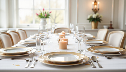 Elegant table setting for formal dinner with candlelight ambiance, luxury