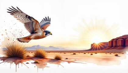 Naklejka premium Peregrine falcon diving through dawn-lit desert landscape, swift energy