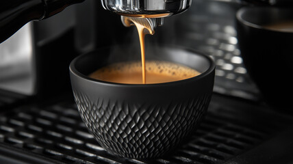 Espresso Pouring into Dark Textured Cup