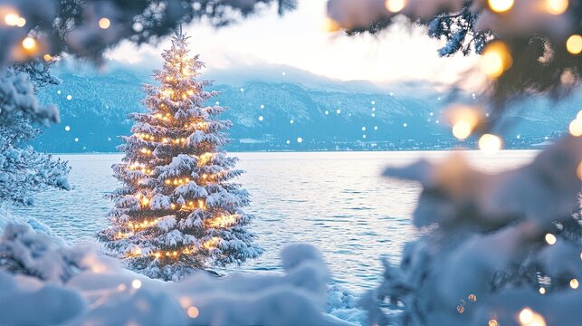 Snow Covered Christmas Tree by Winter Lake