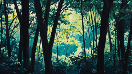 A dense forest with black tree trunks and deep green leaves, creating an intense yet peaceful scene of shadow and light filtering through the canopy 