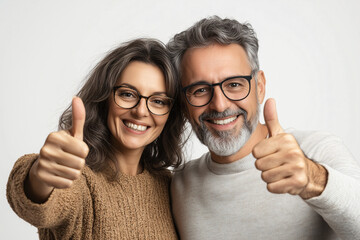 Middle aged couple over isolated white background with thumb up
